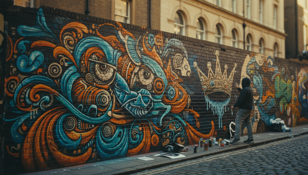A vibrant street art scene in a bustling London alley, filled with colorful murals depicting whimsical characters and abstract shapes. In the foreground, a detailed mural of a surreal creature painted on a brick wall, surrounded by splashes of bold colors and intricate patterns. In the middle, an artist, dressed in casual attire, is spray painting a new piece, capturing the essence of creativity and rule-breaking. The background shows classic London architecture, slightly blurred to emphasize the foreground artwork. The lighting is cinematic, with soft shadows and highlights illuminating the textures of the brick and paint, creating an inviting atmosphere. The image is in 8k resolution, rich in detail and vibrant colors.