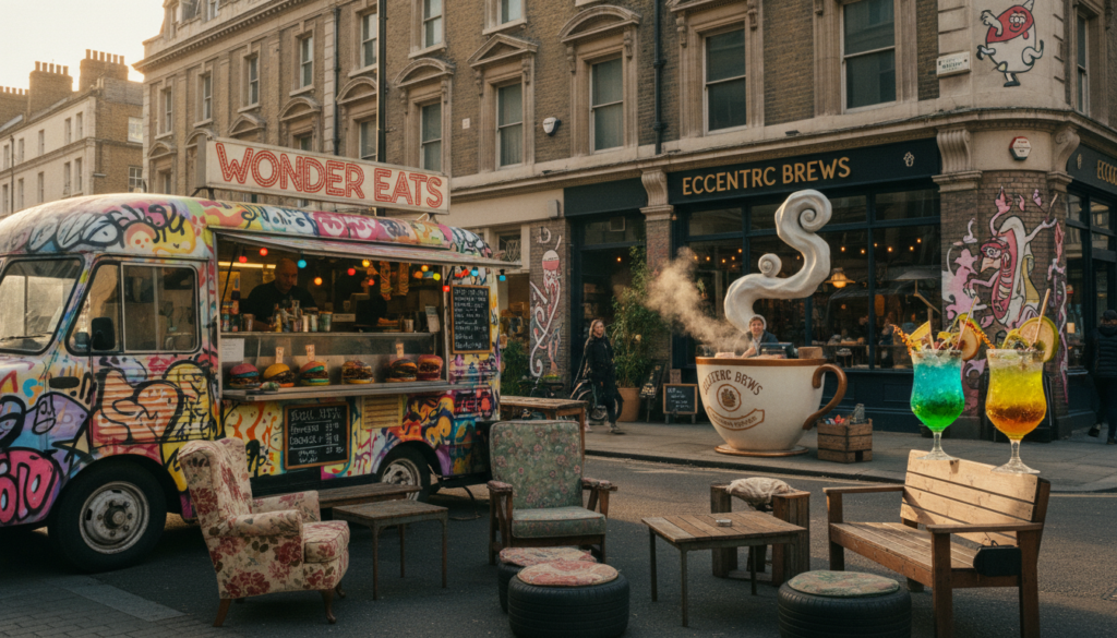 A vibrant street corner in London showcasing an array of weird food and drink stops. In the foreground, a quirky food truck offers dishes with bold colors and unusual combinations, such as rainbow burgers and exotic smoothies. A small outdoor seating area is adorned with mismatched furniture, inviting visitors to sit and enjoy. The middle ground features a whimsical café with oversized decor, like a giant teacup and colorful street art murals. In the background, a historic London building contrasts with the modern eccentricity of the food scene. The scene is bathed in warm, cinematic lighting, creating an inviting atmosphere. The lens captures the details of the food textures and the lively ambiance, presented in a raw photographic style and rendered in 8k resolution, ensuring a rich, immersive view of this offbeat culinary experience.