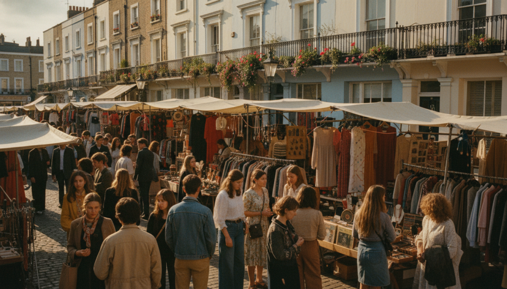 A vibrant street scene in Notting Hill, showcasing a bustling vintage market. In the foreground, diverse young people browse through colorful stalls filled with retro clothing, accessories, and eclectic finds, dressed in stylish yet modest casual attire. The middle ground features charming pastel-colored houses with their classic wrought-iron railings and flowering window boxes. In the background, a hint of the iconic Portobello Road is visible, lined with more market stalls and small cafes. The scene is illuminated by warm, golden hour sunlight, casting soft shadows and creating a nostalgic atmosphere. Shot from a slightly elevated angle, this cinematic image captures the lively energy of the market with highly detailed textures, in 8k resolution.