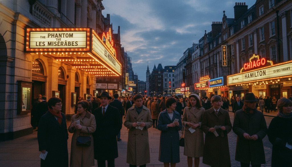 A vibrant street scene showcasing iconic theatre and entertainment venues in London, with the majestic facade of the West End theatre prominently in the foreground. Lively crowds are dressed in stylish, modest attire as they enjoy the evening ambiance, some holding tickets and chatting excitedly. In the middle, illuminated marquee signs advertise various shows, casting a warm glow that captures the essence of London's rich theatrical culture. The background features the silhouette of historical architecture interspersed with contemporary buildings, under a twilight sky. The lighting is cinematic, creating a magical atmosphere with a focus on rich textures and details in 8k resolution, evoking a sense of excitement and history in the city. A vibrant street scene showcasing iconic theatre and entertainment venues in London, with the majestic facade of the West End theatre prominently in the foreground. Lively crowds are dressed in stylish, modest attire as they enjoy the evening ambiance, some holding tickets and chatting excitedly. In the middle, illuminated marquee signs advertise various shows, casting a warm glow that captures the essence of London's rich theatrical culture. The background features the silhouette of historical architecture interspersed with contemporary buildings, under a twilight sky. The lighting is cinematic, creating a magical atmosphere with a focus on rich textures and details in 8k resolution, evoking a sense of excitement and history in the city.
