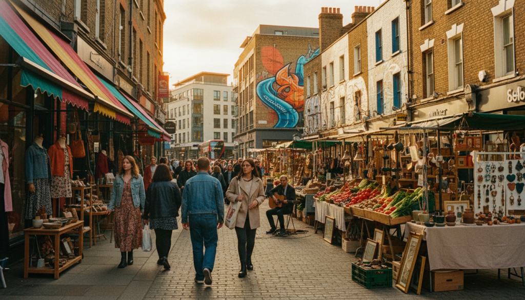 A vibrant street scene showcasing the eclectic boutiques of East London, specifically in Shoreditch, Brick Lane, Spitalfields, and Columbia Road. In the foreground, quaint storefronts with colorful awnings display unique fashion and artisan goods, interspersed with stylishly dressed shoppers in modest casual clothing, strolling and browsing. The middle ground features lively market stalls with fresh produce and handmade crafts, under the soft glow of golden-hour sunlight. The background reveals a mix of historic brick buildings and contemporary street art, capturing the creative energy of the area. The composition is shot with a wide-angle lens to include dynamic street activity, with an emphasis on rich textures and vibrant colors, creating a warm, inviting atmosphere. The image is rendered in 8k resolution with cinematic lighting for a photorealistic effect.