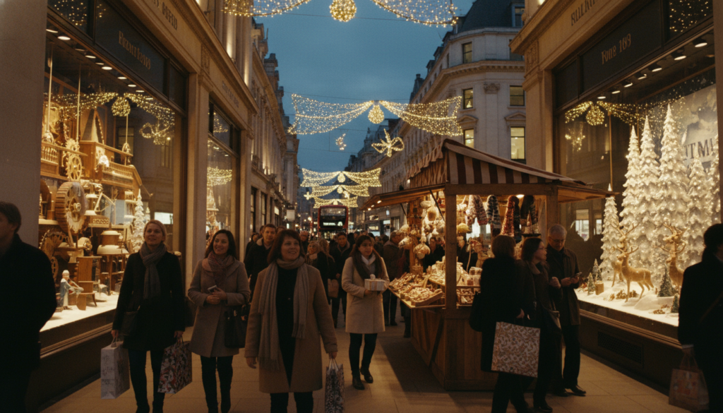 A vibrant urban scene depicting a bustling Christmas shopping atmosphere in London. In the foreground, a diverse group of shoppers in stylish winter attire, carrying festive shopping bags, are admiring beautifully decorated department store windows displaying intricate holiday decorations and twinkling lights. The middle ground features a charming traditional market stall with artisan crafts and seasonal treats, while the background showcases iconic London architecture adorned with festive lights, set against a dusky twilight sky. The scene is bathed in warm, cinematic lighting highlighting the joyful expressions of the shoppers. Capture this lively moment in 8k resolution with highly detailed textures and a slight low-angle perspective to enhance the grandeur of the setting.