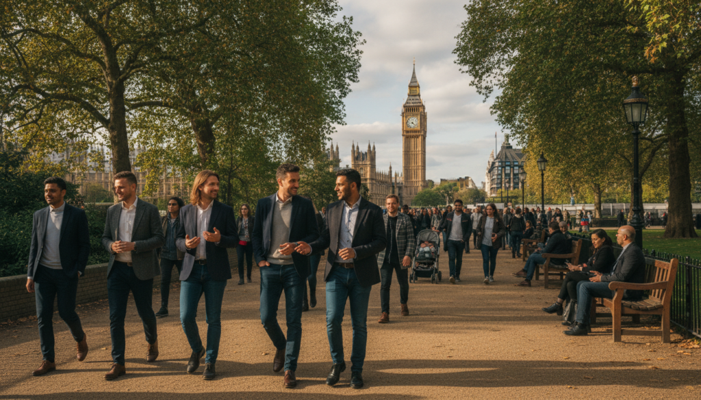 A vibrant urban scene in London showcasing a diverse group of people walking along a picturesque park path, with iconic landmarks like the Houses of Parliament and Big Ben in the background. The foreground features individuals of various ethnicities dressed in smart casual clothing, engaged in conversation and enjoying the fresh air. The middle ground highlights people relaxing on benches and strolling with friends or family. Soft, cinematic lighting bathes the scene in a golden hue of late afternoon sun, creating long shadows and enhancing the textures of the park foliage. Shot from a slightly elevated angle to capture the depth of the scene, this image conveys a lively and inviting atmosphere, emphasizing the joy of exploring free attractions in London. Highly detailed textures, 8k resolution.
