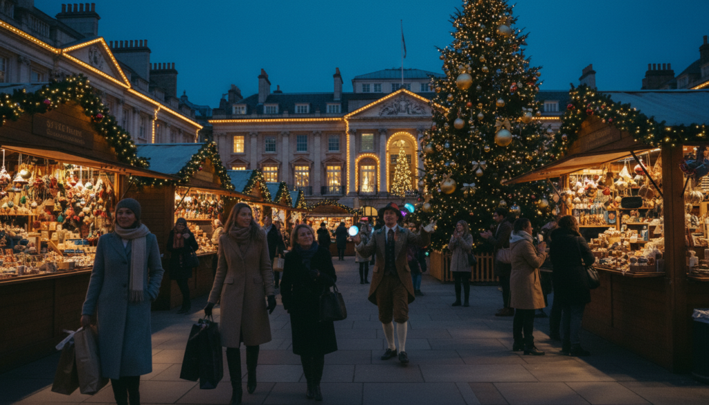 A vibrant winter scene at Covent Garden during the Christmas season, showcasing festive decorations and bustling shoppers. In the foreground, elegantly dressed people wearing stylish winter coats stroll past stalls adorned with twinkling fairy lights and colorful ornaments, carrying shopping bags filled with gifts. In the middle ground, a street performer captivates a small crowd with a lively act, surrounded by beautifully decorated market stands. The background features Covent Garden’s iconic historic architecture illuminated by warm, inviting lights, contrasted against a dusk sky. Soft, cinematic lighting enhances the scene, highlighting intricate details in 8k resolution. The atmosphere is cheerful and festive, evoking the joy and warmth of Christmas in the heart of London.