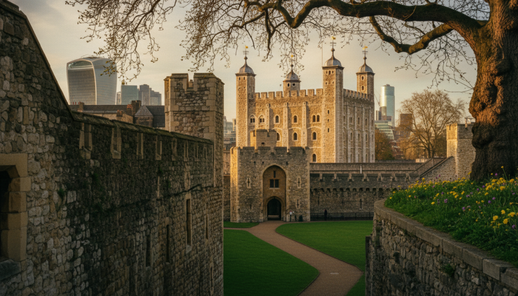 A vivid and detailed view of the Tower of London, showcasing its iconic medieval fortress architecture. In the foreground, include the imposing stone walls with intricate details and weathered textures, set against a backdrop of lush green grass and a path leading to the entrance. The middle ground features the famous White Tower, with its turrets and crenellations, framed by an ancient tree and scattered wildflowers. In the background, capture the London skyline softly blurred to indicate its modern context while still highlighting the fortress's historical significance. The scene is illuminated with warm, cinematic lighting during golden hour, enhancing the texture of the stones and creating long shadows for a dramatic mood. This image should be highly detailed and rendered in 8k resolution.