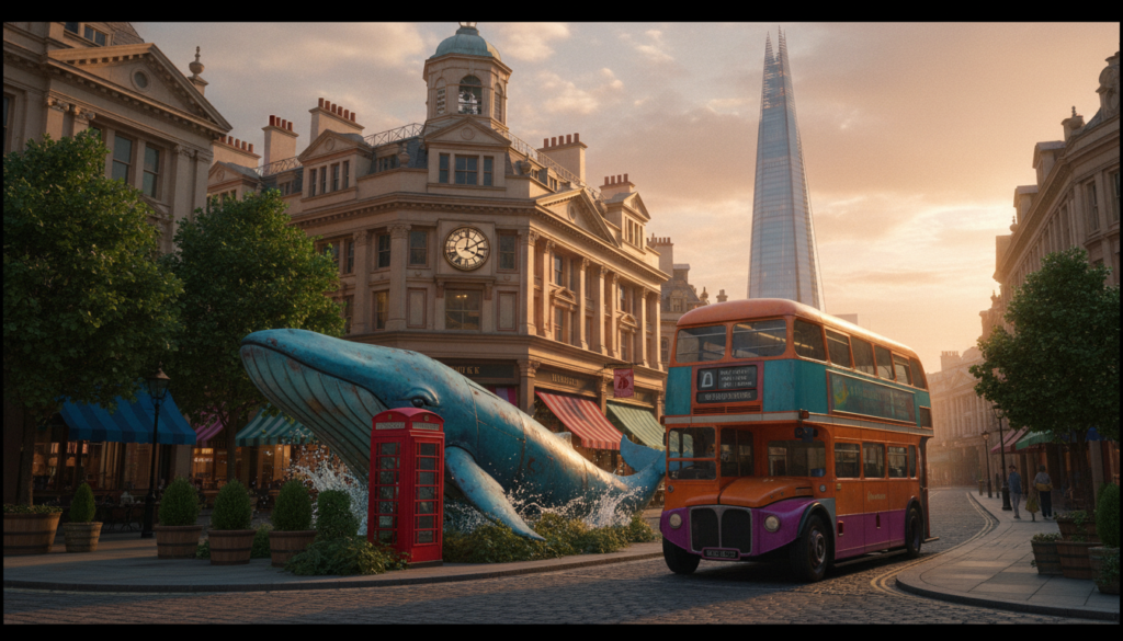 A whimsical scene of quirky London landmarks, featuring the iconic red telephone box and a peculiar giant blue whale sculpture emerging from the pavement, surrounded by lush green park trees. In the foreground, a vintage London bus painted in bright colors adds to the offbeat charm. The middle ground showcases the unique architecture of the Leadenhall Market with its vibrant awnings and an antique clock tower. In the background, the Shard pierces the sky, reflecting the soft, golden light of a late afternoon sunset. The composition is shot with a wide-angle lens to capture the breadth of the scene, emphasizing detail and texture in an 8k resolution, rich in cinematic lighting that invites a sense of discovery and fun. The atmosphere is lively and playful, perfect for showcasing London's eccentric attractions.