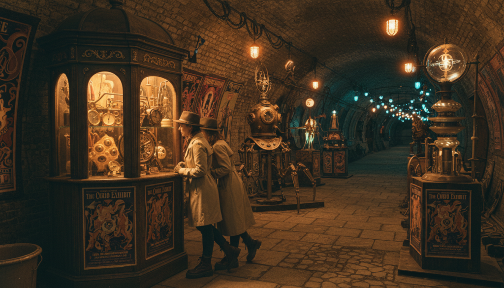 An enchanting underground scene in London, showcasing a bizarre attraction filled with quirky elements. In the foreground, a vintage subway station ticket booth with ornate details, surreal posters on the walls, and a couple of visitors dressed in stylish urban attire, curiously examining an exhibit of peculiar artifacts. The middle ground features an interesting display of strange sculptures and artifacts illuminated by warm, cinematic lighting that casts intriguing shadows, enhancing the mysterious atmosphere. In the background, shadows of long, dimly lit tunnels with flickering lights invite exploration. The perspective captures the essence of the underground allure, emphasizing the textures of the ancient brick walls and the overall surreal yet welcoming mood. Shot in 8k resolution for highly detailed textures and rich colors.