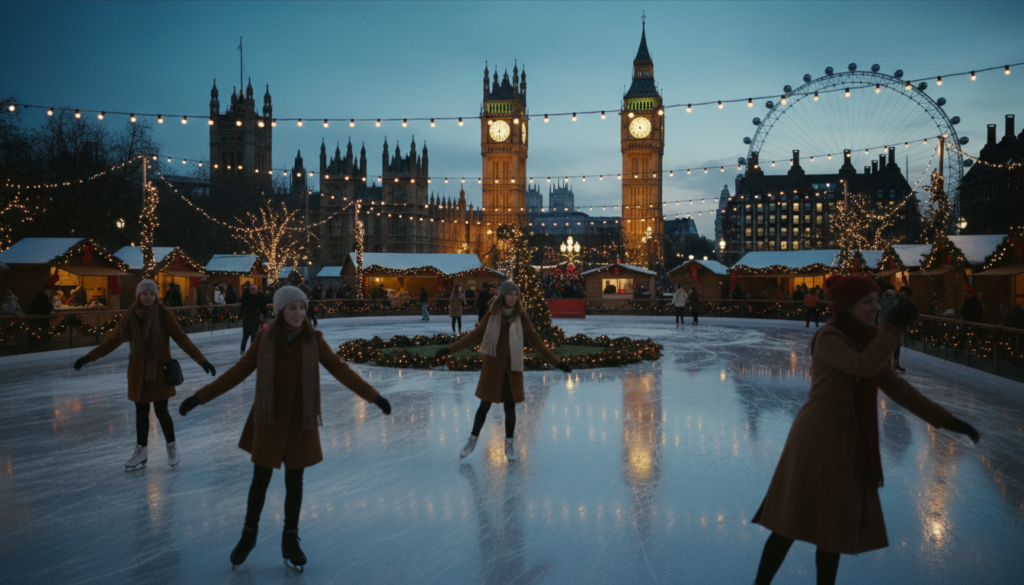 An idyllic ice rink set in a charming London landscape during the festive season. In the foreground, elegant skaters in modest winter attire glide across the shimmering ice, capturing joyful moments. The middle ground features a beautifully decorated rink surrounded by twinkling fairy lights and festive decorations, with stalls offering warm drinks and seasonal snacks. In the background, iconic London landmarks are silhouetted against a twilight sky, softly illuminated by streetlights. The scene is bathed in cinematic lighting, enhancing the textures of the ice and the details of the festive setting. Capture this winter wonderland in stunning 8k resolution, evoking a warm, nostalgic holiday atmosphere.