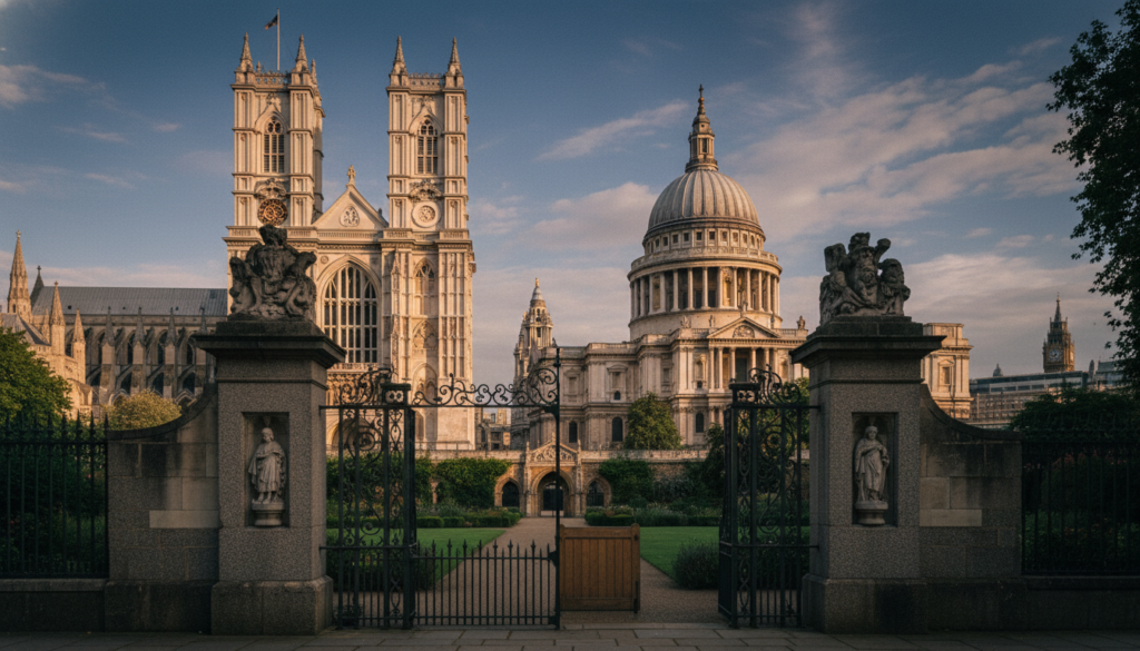 Historic churches and cathedrals in London, showcasing iconic structures like St. Paul's Cathedral and Westminster Abbey. In the foreground, intricate stone carvings and wrought iron gates lead to grand entrances, framed by lush green gardens. The middle ground features majestic towers and ornate spires reaching towards a vibrant blue sky, with soft, warm sunlight illuminating the rich textures of the ancient stonework. In the background, silhouettes of the London skyline create a historic juxtaposition. Capture a serene yet awe-inspiring atmosphere, evoking a sense of reverence. Shot with a wide-angle lens for depth, apply dramatic, cinematic lighting to highlight details, resulting in a highly detailed image in 8k resolution.