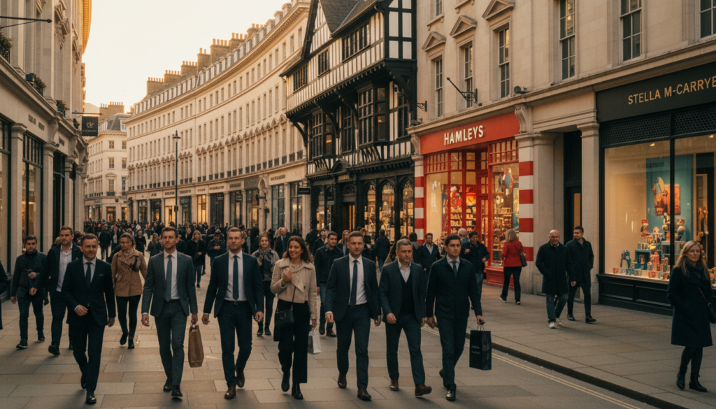 Regent Street, bustling with shoppers and tourists, beautifully lined with elegant Georgian architecture. In the foreground, a group of diverse individuals dressed in stylish business and casual attire navigate the street, some holding shopping bags. The middle ground showcases iconic landmarks like Liberty London, its timber-framed façade glistening in the warm glow of golden hour sunlight. Hamleys toy store’s vibrant façade is visible, attracting families with its colorful displays. The background features designer storefronts, their upscale aesthetics complemented by soft cinematic lighting. The scene is bathed in natural light, evoking a lively, cheerful atmosphere. Capture this moment in stunning 8k resolution, ensuring every detail, from the textures of the buildings to the expressions of the shoppers, is highly detailed. The angle should be slightly elevated to encompass the full vibrancy of this renowned shopping destination.