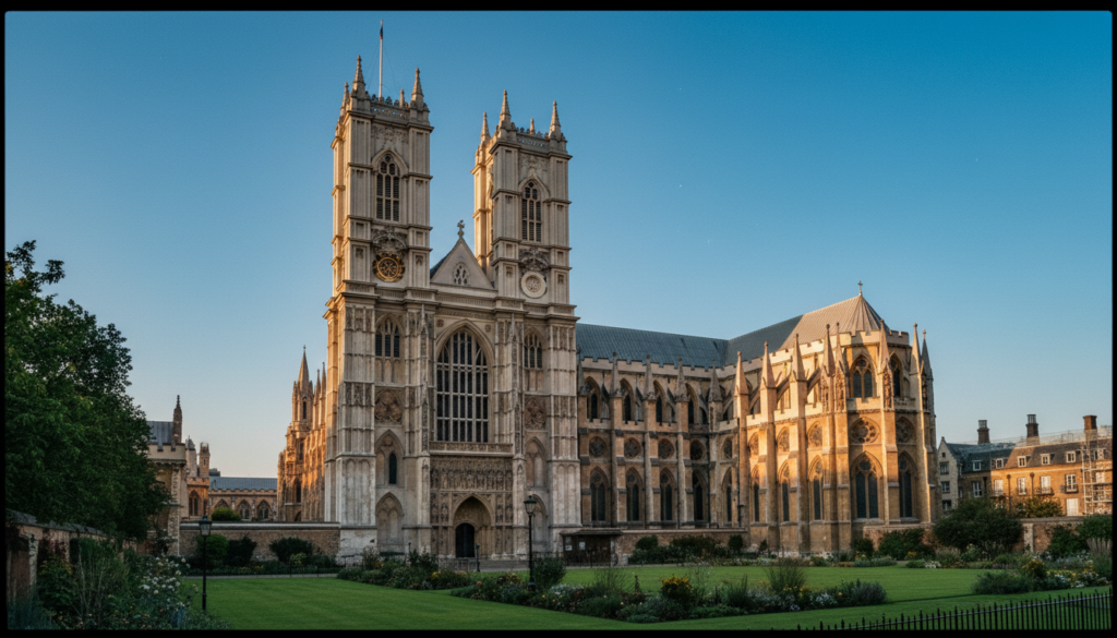 Westminster Abbey's stunning Gothic architecture stands majestically against a clear blue sky, with intricate stone carvings and towering spires dominating the foreground. In the middle ground, lush green lawns and carefully manicured gardens frame the iconic entrance, inviting visitors to explore its rich history. The background showcases the intricate details of its flying buttresses and ornate windows, enhanced by warm, golden-hour lighting that casts soft shadows, creating a serene atmosphere. Capture this scene with a wide-angle lens to emphasize the grandeur of the structure, highlighting the textures of the stone and the vibrant colors of the surrounding flora. The overall mood is one of reverence and awe, making it a perfect representation of London's iconic churches and cathedrals. Highly detailed textures in 8k resolution.