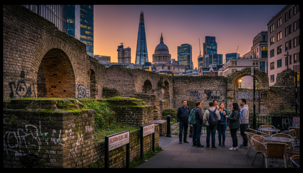 ancient Roman wall parts incorporated into a vibrant city scene, showcasing weathered stone structures intertwined with modern buildings. In the foreground, detailed textures of the Roman bricks, covered in green moss and graffiti, contrast with contemporary details such as street signs and outdoor cafés. In the middle ground, a small gathering of tourists dressed in casual clothing examine the ruins, emphasizing their connection to history. The background features silhouettes of London’s iconic skyline at twilight, bathed in warm cinematic lighting. A slight tilt to the angle captures the grandeur of the wall while framing the buzz of urban life, creating a rich atmosphere that conveys history meeting modernity. Highly detailed, 8k resolution.