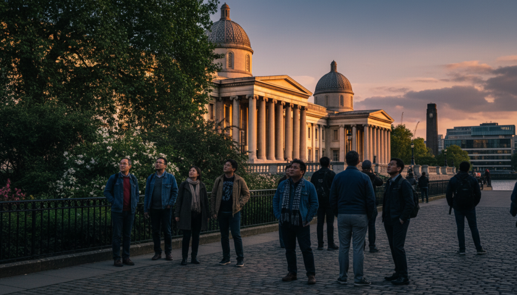 A beautifully composed image showcasing famous tourist spots in London ideal for art and museum lovers. In the foreground, a group of diverse visitors in modest casual clothing admires the exterior of the British Museum, surrounded by lush greenery. The middle ground features the iconic National Gallery, its grand facade highlighted by warm, cinematic lighting, inviting viewers to enter. In the background, the stunning silhouette of the Tate Modern against a sunset sky, with soft, gradient hues of orange and purple. The scene captures an atmosphere of inspiration and creativity, emphasizing detailed textures of the historical architecture. Shot in 8k resolution with a wide-angle lens to create depth and clarity, enhancing the lively ambiance of London's rich cultural scene.