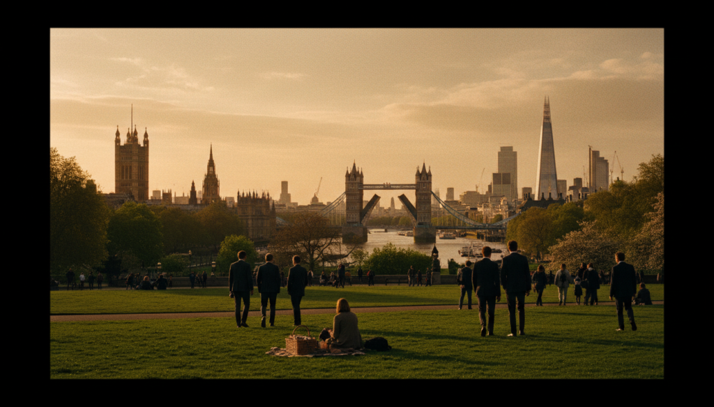A breathtaking panoramic view of iconic London landmarks, including the majestic Big Ben and the Houses of Parliament, the renowned Tower Bridge, and the historic London Eye. In the foreground, capture lush greenery from St. James's Park, with visitors casually enjoying the scene, dressed in smart casual clothing. The middle ground showcases the intricate architecture of the landmarks, bathed in warm, cinematic golden hour lighting. In the background, the skyline extends with the Shard piercing the sky, providing a modern contrast. The atmosphere is vibrant and inviting, evoking a sense of wonder and exploration. Rendered in stunning 8k resolution, with high detail textures, the image captures the essence of London as a city steeped in history while embracing its contemporary charm.