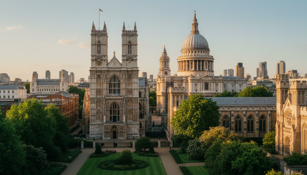 A breathtaking view of London's historic sacred architecture, featuring iconic structures like Westminster Abbey and St. Paul's Cathedral. In the foreground, vibrant greenery and pathways lead up to intricately detailed stone carvings and grand entrances of these architectural masterpieces. The middle ground showcases the soaring spires and domes, bathed in warm, golden hour light, enhancing the intricate textures of the stone and stained glass. In the background, a soft blur of the London skyline subtly contrasts the historic buildings, suggesting the blend of old and new in the city. Shot with a wide-angle lens to capture the grandeur and depth, the scene evokes a serene and reverent atmosphere, inviting viewers to explore these cultural treasures in stunning 8k resolution.