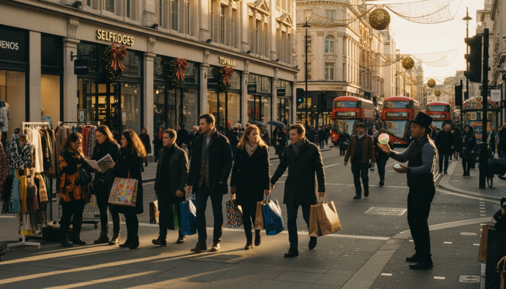 A bustling scene on Oxford Street in London, capturing vibrant storefronts adorned with seasonal displays and shoppers carrying colorful bags. In the foreground, diverse individuals in smart casual attire browse the latest fashion trends, while a street performer entertains nearby. The middle ground features a mix of well-known retail brands and charming independent shops, with intricate architectural details of historic buildings peeking through. The background showcases a busy street, with iconic London red double-decker buses and pedestrians navigating the lively atmosphere. The image is bathed in warm, cinematic lighting, enhancing the textures of the scene, and shot from a slightly elevated angle to convey depth. Ideal for illustrating the dynamic shopping experience in one of London's most famous districts.