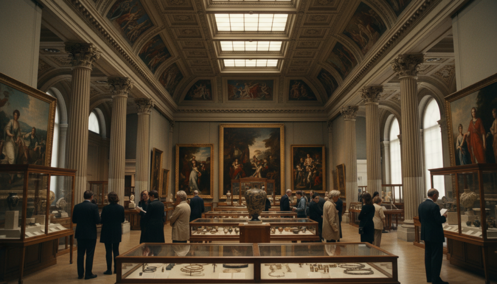 A captivating interior view of a prominent London museum, showcasing high ceilings adorned with intricate architectural details. The foreground features elegant display cases filled with art pieces and artifacts, while knowledgeable visitors in professional attire admire the exhibits. In the middle ground, stunning paintings hang on the walls, illuminated by warm, cinematic lighting that highlights their vibrant colors and textures. The background reveals grand columns and soft natural light streaming in through large glass windows, creating an inviting atmosphere. Capture this scene in 8k resolution to emphasize the rich details and vibrant colors, evoking a sense of wonder and appreciation for art and history.
