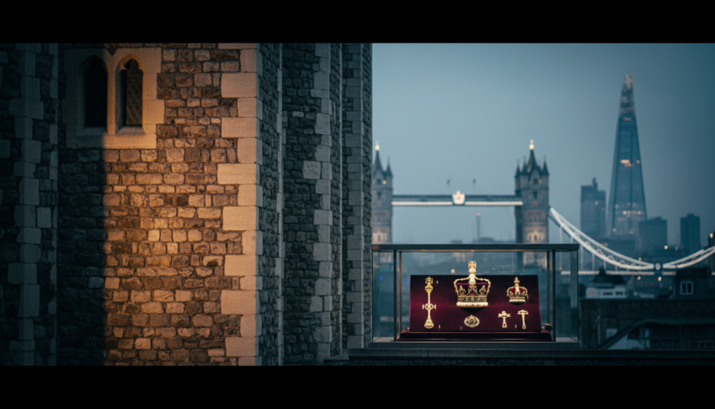 A captivating view of the Tower of London, showcasing its iconic features and the grandeur of the Crown Jewels. In the foreground, the intricate details of the Tower's stonework are illuminated by soft, cinematic lighting, highlighting the texture and age of the castle. In the middle ground, showcase the dazzling Crown Jewels displayed in a glass case, sparkling under dramatic lighting to draw the viewer's eye. The background features a slightly blurred silhouette of the London skyline, with the Shard and Tower Bridge subtly framing the scene. Capture the atmosphere of historical significance and royal allure, using a shallow depth of field for a professional look in 8k resolution.