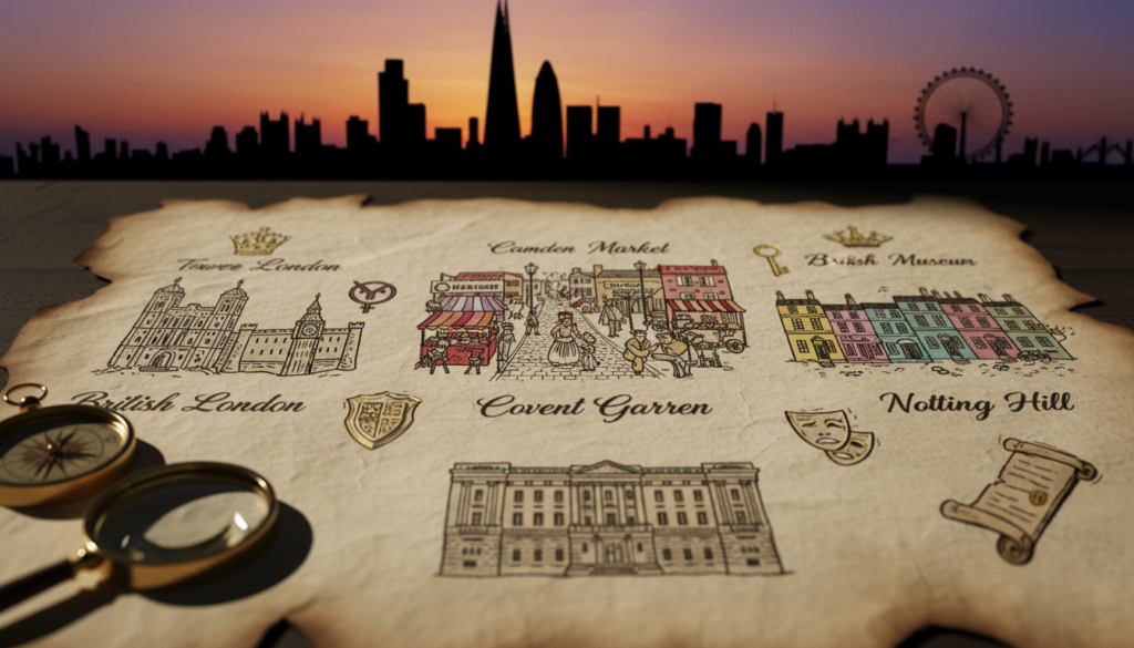 A detailed map showcasing the best London tourist attractions organized by neighborhood. In the foreground, illustrate iconic landmarks like the Tower of London, Buckingham Palace, and the British Museum, each marked with subtle, elegant symbols. In the middle ground, display vibrant neighborhoods: Camden Market bustling with energy, Covent Garden's charming streets lined with shops, and Notting Hill's colorful houses. The background should blend famous skylines, including the Shard and London Eye, against a soft sunset glow, creating a warm, inviting atmosphere. Employ cinematic lighting to highlight textures and intricate details of the architecture, captured in 8k resolution, with a slight depth of field for a professional photographic look.