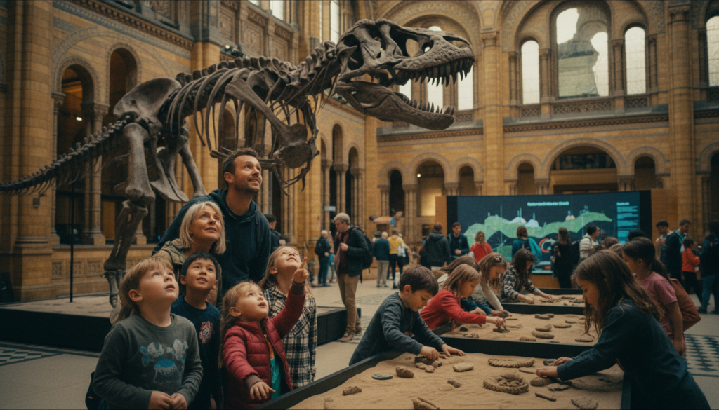 A lively scene at the Natural History Museum in London, showcasing engaging family activities. In the foreground, children and their parents marvel at a large dinosaur skeleton, their expressions full of awe and excitement. In the middle ground, an interactive exhibit features kids playing with fossils and families gathered around an informative display. The background reveals the grand architecture of the museum, with its iconic stone façade and large, arched windows. The lighting is soft and warm, creating a welcoming atmosphere, while a cinematic perspective captures the dynamic interaction among families. Textures are highly detailed, highlighting the intricate design of the exhibits and the joyful energy of the scene. This image is presented in 8k resolution, ensuring every element is vividly clear.