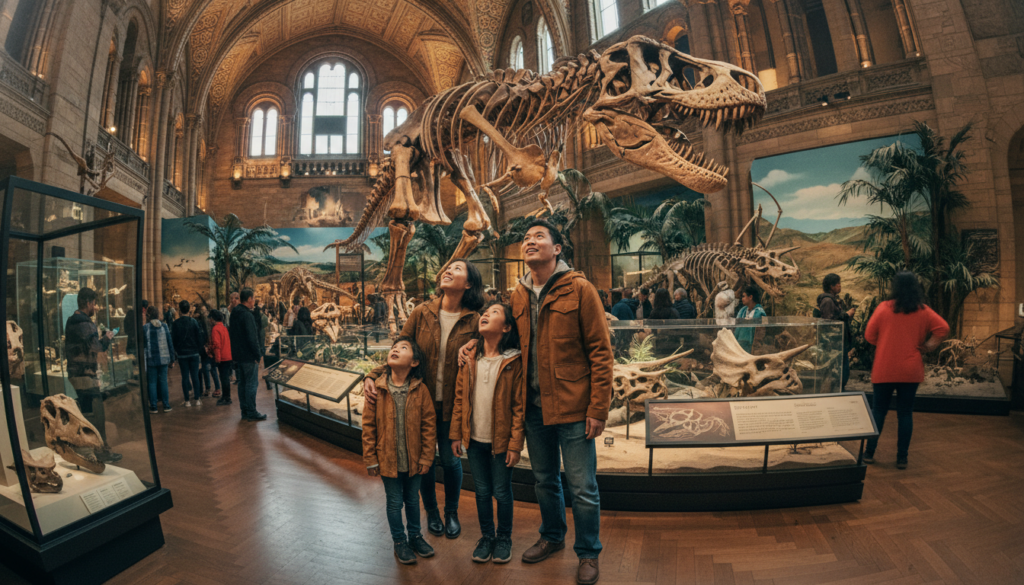 A natural history museum interior showcasing a dinosaur gallery filled with families exploring the exhibits. In the foreground, a diverse family of four, dressed in casual yet neat clothing, looks up in awe at a towering dinosaur skeleton. The middle ground features detailed displays of other prehistoric creatures, with informative plaques and realistic environments recreated with fossils and plants. The background reveals high, vaulted ceilings adorned with intricate architectural details, illuminated by soft, warm cinematic lighting that accentuates the textures of the stone walls and exhibits. Capture the lively atmosphere of curiosity and excitement, showcasing the bond between family members as they engage with the wonders of natural history. Shot in 8k resolution to highlight intricate details.
