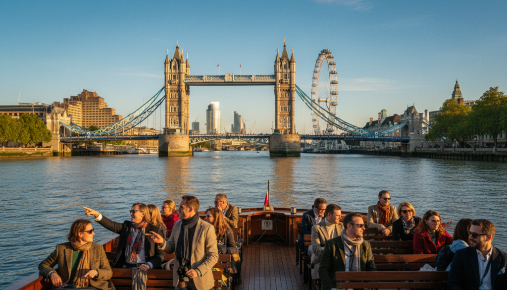 A picturesque view of the River Thames in London during a scenic cruise. In the foreground, a charming boat with tourists in smart casual attire enjoying the sights. The middle ground features iconic landmarks like the Tower Bridge and the London Eye, beautifully illuminated by warm, golden sunlight reflecting off the water. The background showcases the vibrant city skyline, blending historic buildings and modern architecture under a clear blue sky. Capture the tranquil ambiance with gentle ripples on the river, complemented by lush greenery along the banks. The scene is depicted in cinematic lighting, with highly detailed textures, emphasizing the dynamic atmosphere of London life. The image should be in 8k resolution to provide stunning clarity and realism.