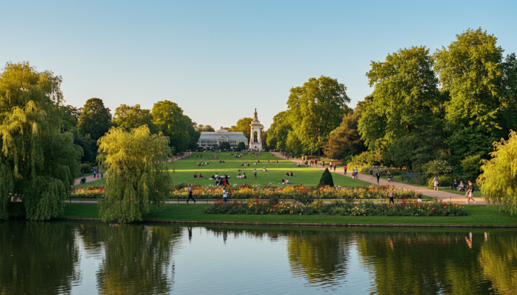 A serene view of Hyde Park and Kensington Gardens in London, showcasing the expansive lush green lawns and beautifully manicured flower beds. In the foreground, capture a tranquil pond reflecting the bright blue sky, with elegant willow trees bending over its edges. The middle ground features families leisurely enjoying picnics, people walking dogs, and joggers on winding paths surrounded by vibrant flowers. The background presents iconic park structures, like the Serpentine Gallery and the Albert Memorial, framed by tall trees through which sunlight streams, creating a dappled effect on the ground. The atmosphere is peaceful and inviting, imbued with a warm, golden hour glow. The image should be shot with an ultra-wide lens to capture the grandeur of the scenery in stunning 8k resolution, with cinematic lighting enhancing the rich textures of the park.