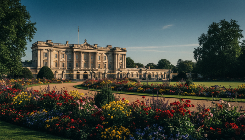 A stunning view of Kensington Palace, showcasing its elegant architecture surrounded by meticulously manicured royal gardens. In the foreground, vibrant flower beds burst with color, leading to the grand entrance of the palace adorned with intricate details. The middle ground captures the palace's facade, with soft sunlight reflecting off its windows, offering a warm glow. In the background, lush greenery stretches into a clear blue sky, enhancing the serene atmosphere. The scene is framed with tall trees, adding depth and a sense of tranquility. The image should evoke a royal and historical ambiance, reminiscent of London's rich heritage. Shot in raw photograph style with cinematic lighting and highly detailed textures, presented in 8k resolution for a vivid viewing experience.