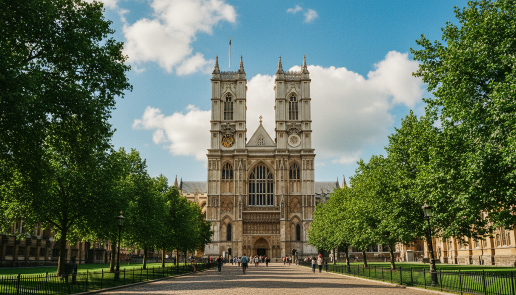 A stunning view of Westminster Abbey, a historic London landmark, captured in exquisite detail. In the foreground, a cobblestone pathway lined with lush green trees leads to the grand entrance of the abbey, inviting visitors. The middle ground features the majestic Gothic architecture of Westminster Abbey, showcasing its intricate stone carvings, tall spires, and detailed windows. In the background, soft clouds drift across a blue sky, enhancing the serene atmosphere. The image is illuminated with warm, cinematic lighting that highlights the textures of the stone and the vibrant colors of the surrounding foliage. The scene is shot with a wide-angle lens to capture the full breadth of the landmark, presenting a captivating blend of history and culture in 8k resolution.