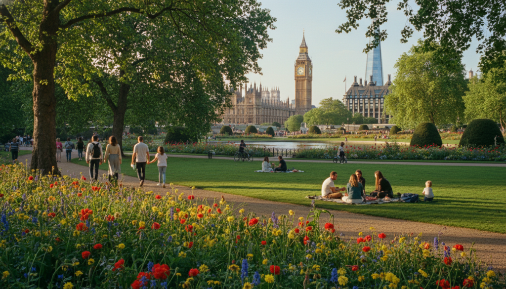 A vibrant and lush outdoor park in London, showcasing a sprawling green landscape filled with diverse trees and blooming flowers in the foreground. Families and friends enjoying leisurely activities, such as picnicking on the grass or walking along winding paths in modest casual clothing. In the middle ground, a picturesque pond reflects the clear blue sky, surrounded by manicured hedges and vibrant flowerbeds. The background features the silhouette of iconic London architecture, lightly obscured by gentle foliage. Soft, warm sunlight filters through the leaves, creating dramatic shadows and highlighting the rich textures of the plants. The overall atmosphere is serene and inviting, capturing the essence of relaxation and natural beauty in an urban setting. The image is a raw photograph in 8k resolution with cinematic lighting and highly detailed textures.