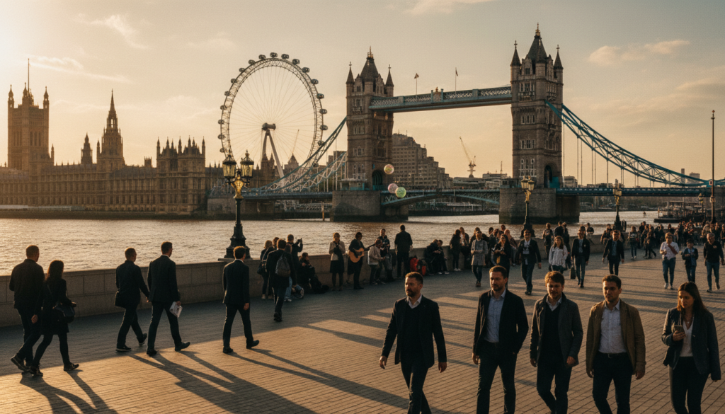 A vibrant image capturing the South Bank Cultural Walk along the River Thames, set between Westminster and Tower Bridge. In the foreground, picturesque views of people strolling, dressed in smart casual attire, enjoying the riverside walk. The middle ground features iconic landmarks such as the Houses of Parliament, the London Eye, and lively street performers, showcasing the cultural richness of the area. The background highlights Tower Bridge majestically spanning the river under a golden sunset, casting long, dramatic shadows. The scene should exude a warm, inviting atmosphere, with reflections shimmering on the water. Utilize cinematic lighting to enhance the textures of the architecture, while ensuring an overall composition that resonates with the vibrant energy of London, in 8k resolution.