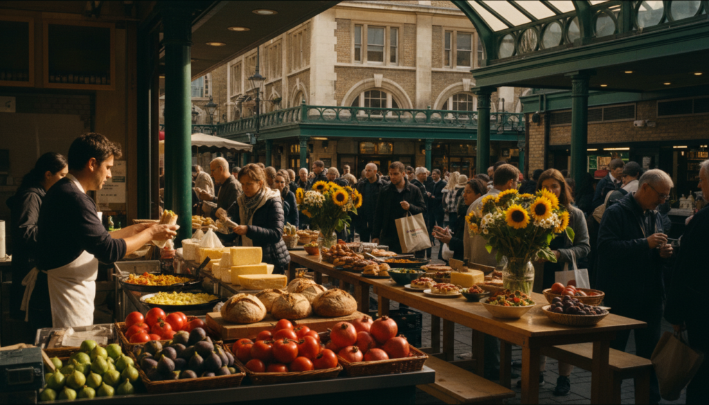 A vibrant scene at Borough Market in London, showcasing an array of colorful food stalls filled with fresh produce, artisanal bread, and gourmet street food. In the foreground, a vendor in a white apron serves customers, while people explore various stalls, examining fresh fruits and handmade goods. The middle ground features wooden tables adorned with bright flowers and delicious dishes, creating an inviting atmosphere. The background reveals the iconic market archway and historic buildings, partially illuminated by soft, golden afternoon sunlight, enhancing the textures of the food and the bustling market life. The overall mood is lively and warm, evoking the joy of culinary exploration in this renowned food haven. Captured in raw photograph style, 8k resolution with cinematic lighting for sharp detail.