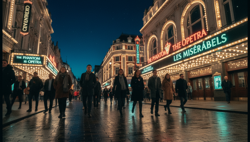 West End London theatre district at night, showcasing the vibrant atmosphere of the bustling streets. In the foreground, glowing theatre marquee signs illuminate the sidewalk, reflecting vivid colors onto the wet pavement. A diverse crowd, dressed in smart casual clothing, walks happily, their faces lit by the warm lights. In the middle ground, iconic theatre buildings with ornate architecture stand tall, each adorned with colorful decorations and shimmering lights. The background features a deep blue sky dotted with stars, creating a magical ambiance. Capture this scene with a raw photograph style, employing cinematic lighting and highly detailed textures. Use an angle that emphasizes both the grandeur of the theatres and the liveliness of the crowd, ensuring the image showcases the enchanting nightlife of London in 8k resolution.