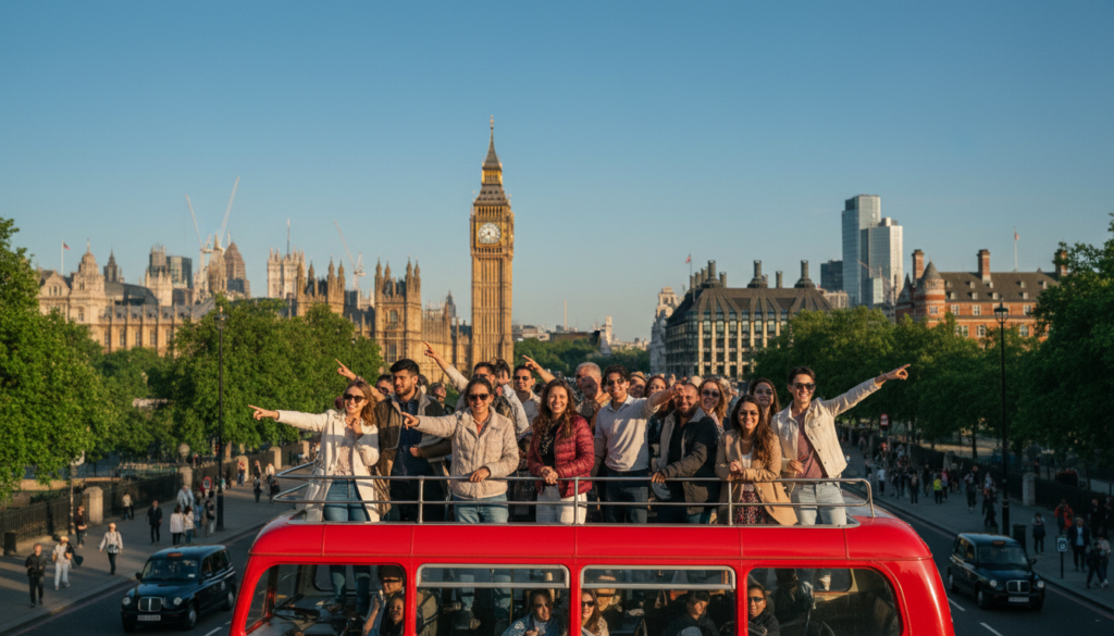 A London sightseeing bus prominently displayed in the foreground, filled with tourists enjoying the views, all dressed in casual yet stylish clothing. The scene captures a sunny day with clear blue skies, emphasizing the joy of exploring the city. In the middle ground, iconic London landmarks like the Big Ben and the London Eye are visible, surrounded by vibrant green trees and bustling streets teeming with people. The background offers a panoramic view of the city skyline, slightly blurred to create depth. The image is bathed in warm, cinematic lighting, enhancing the inviting atmosphere of a perfect day for sightseeing. Capture this scene in high detail, with realistic textures, in an 8k resolution for stunning clarity.