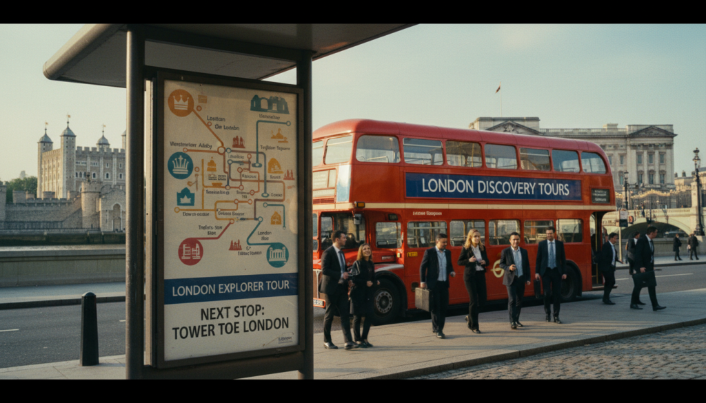 A beautifully detailed image capturing a London bus tour stops list, prominently featuring major landmarks such as the Tower of London, Buckingham Palace, and the British Museum. In the foreground, a stylized bus stop sign displays a colorful route map with recognizable landmarks. The middle ground includes the iconic London red double-decker bus, with a blurred impression of tourists in business attire joyfully embarking or disembarking. The background showcases a vibrant cityscape with famous structures under the soft glow of evening sunlight, casting long shadows and enhancing the textures of historical buildings. The atmosphere is lively yet professional, evoking the excitement of exploring London’s best sights. Shot in raw photographic quality, utilizing cinematic lighting and highly detailed textures in 8k resolution.