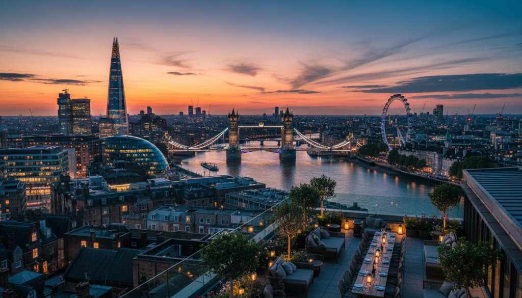 A breathtaking elevated viewpoint of the London skyline at dusk, showcasing iconic landmarks such as the Shard, Tower Bridge, and the London Eye. In the foreground, a stylish rooftop terrace adorned with elegant seating and tasteful greenery invites viewers to imagine enjoying the view. The middle ground captures the shimmering Thames River reflecting the colorful lights of the city. In the background, a clear sky transitions from warm oranges to deep blues, with wispy clouds adding to the drama. The scene is bathed in cinematic lighting, enhancing the intricate details of the buildings and creating a warm, inviting atmosphere. Shot with a wide-angle lens to emphasize the expansive panorama, the image should be in 8k resolution to highlight the vivid textures and intricate elements of the skyline.