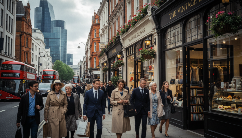 A bustling London street filled with vibrant storefronts showcasing a variety of shops, from luxury boutiques to quaint vintage stores. In the foreground, well-dressed shoppers of diverse backgrounds peruse the selections, hinting at a lively shopping scene. The middle section captures the intricately designed storefronts adorned with colorful window displays and inviting signage. In the background, iconic London architecture, such as Victorian buildings and modern glass structures, creates a dynamic skyline under a cloudy yet bright sky. The scene is illuminated by soft, cinematic lighting that enhances the textures of the brick and glass, all captured in stunning 8k resolution to showcase every detail, conveying a cheerful and energetic atmosphere of shopping in one of the world's greatest cities.