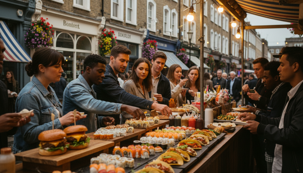 A bustling Portobello Road Market scene, showcasing vibrant street food stalls lit by warm, cinematic lighting. In the foreground, a variety of colorful food dishes, including artisanal burgers, fresh sushi, and gourmet tacos, attract a diverse crowd of people dressed in smart casual clothing, happily engaging with vendors. The middle ground features a lively atmosphere with people interacting, sampling food, and children looking excitedly at the treats. The background reveals charming, historic buildings lining the street, with vivid flower displays and colorful awnings enhancing the ambiance. The composition captures the essence of West London street food culture, with highly detailed textures in each stall and a depth of field effect that creates a inviting, dynamic mood. Shot in 8k resolution to highlight the richness of the scene.