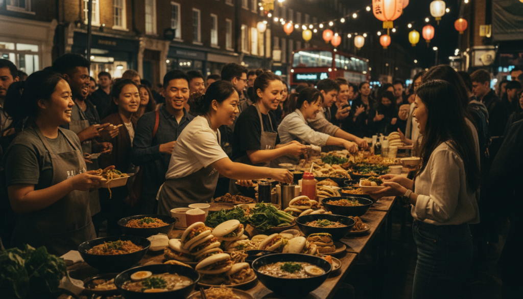 A bustling scene of Asian street food stalls in London, showcasing a vibrant array of diverse cuisines. In the foreground, a variety of colorful dishes are being served, including steaming bowls of ramen, appetizing bao buns, and sizzling stir-fried noodles, all presented on rustic wooden tables. The middle ground features friendly vendors in modest casual clothing serving enthusiastic customers, capturing the lively interaction. The background reveals a charming street lined with twinkling fairy lights and distant historic buildings, enhancing the urban atmosphere. The setting is illuminated by warm, cinematic lighting, creating inviting shadows and highlights. The image should be a raw photograph with highly detailed textures, captured in 8k resolution, evoking a sense of excitement and community.