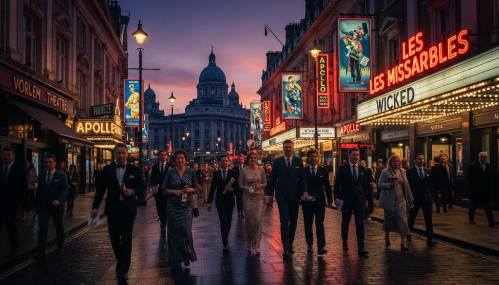 A bustling scene of the West End Theatre District in London during twilight. In the foreground, elegantly dressed theatre-goers in professional attire walk along the vibrant, illuminated streets, holding playbills with expressions of excitement. In the middle ground, iconic theatres like the Lyceum and the Apollo shine with bright neon lights, glow from marquee signs showcasing current shows, and theatrical posters lining the walls. The background features the historic, domed rooftops silhouetted against a rich, purple-hued sky, capturing the enchanting atmosphere of a lively night. The image is shot in a raw photographic style with cinematic lighting, showcasing highly detailed textures and depth. The angle is slightly elevated, providing a dynamic perspective that emphasizes the vibrancy and allure of the West End. Rendered in 8k resolution.