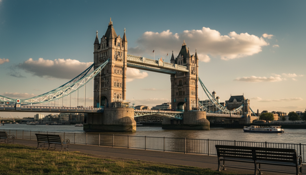 A captivating photograph of Tower Bridge taken from the South Bank, showcasing the bridge's iconic Victorian Gothic architecture. In the foreground, include grassy patches and elegant riverside benches, inviting viewers to enjoy the scenery. The middle ground features the majestic bridge arching over the River Thames, with intricate details of its towers and the suspended roadway. In the background, capture a blue sky filled with a few fluffy white clouds, reflecting the sunlight and creating a vibrant atmosphere. Utilize cinematic lighting to enhance the textures of the bridge and surrounding area, ensuring the image has deep contrasts and a warm glow. The scene should evoke a sense of timelessness and allure, presented in stunning 8k resolution for a lifelike quality and clarity.
