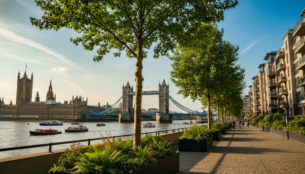 A captivating view of iconic London landmarks along the Thames River, featuring the majestic Tower Bridge and the historic Houses of Parliament in the background. In the foreground, a serene riverside promenade lined with lush greenery and modern architecture invites leisurely strolls. The middle ground showcases the shimmering river reflecting the sunny sky, dotted with small boats. The scene is illuminated by warm, cinematic lighting, emphasizing the intricate details of the buildings' façades and the lush landscape. Shot with a wide-angle lens from a low perspective, this highly detailed image captures an inviting, vibrant atmosphere, highlighting the essence of London as a dynamic city steeped in history. Perfectly composed with high-resolution textures for an immersive experience.