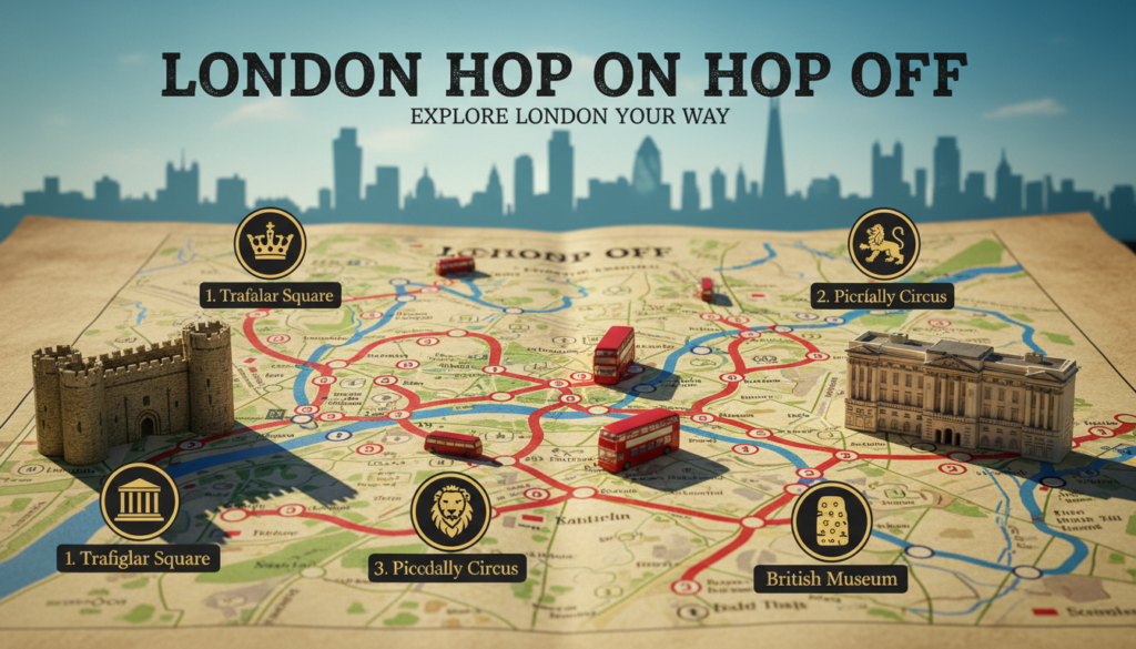 A detailed, vibrant map of the London Hop On Hop Off bus route, showcasing key stops throughout central London. The foreground features recognizable landmarks such as the Tower of London, Buckingham Palace, and the British Museum, each marked prominently. The middle layer presents the bus route in bold lines, weaving through the city streets with numbered stops clearly indicated. The background depicts a slightly blurred silhouette of London's skyline under a clear blue sky, creating a sense of motion. Cinematic lighting enhances the textures of the map, highlighting the colors and details. The overall mood is informative and dynamic, capturing the essence of exploring London via bus. The image is rendered in 8k resolution, emphasizing clarity and precision for a visually engaging article section.