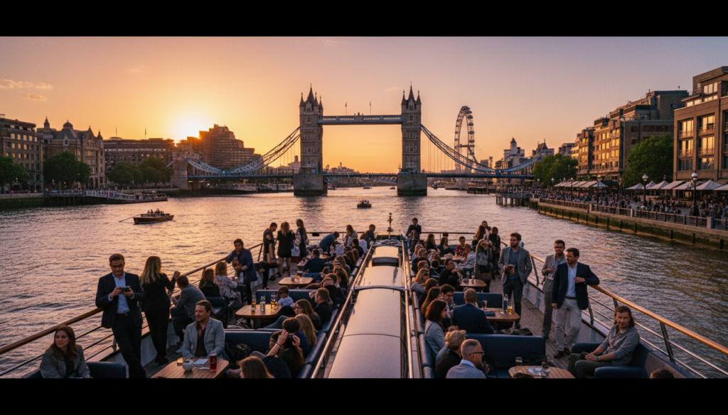 A dynamic scene capturing the lively activities on the River Thames, showcasing a river cruise with tourists enjoying the views of iconic landmarks like the Tower Bridge and the London Eye in the background. The foreground features a beautifully maintained boat with passengers in smart casual attire, some taking photos and others relaxing. Vibrant city life unfolds along the riverbanks, with people walking, cycling, and enjoying riverside cafes. The image is bathed in warm, golden evening light, enhancing the vibrant colors of the buildings and the sparkling water. Shot with a wide-angle lens, the composition emphasizes the bustling atmosphere and scenic beauty of London's riverside, conveying a cheerful and inviting mood. Highly detailed textures, 8k resolution for rich visual clarity.