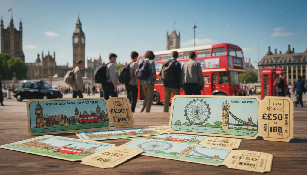 A highly detailed and engaging scene showcasing various hop-on hop-off bus tickets in London. In the foreground, colorful tickets are displayed, featuring illustrations of iconic landmarks such as Big Ben and the London Eye. Each ticket shows different designs and pricing options, emphasizing a vibrant marketplace atmosphere. In the middle ground, a charming double-decker bus is parked with tourists boarding, dressed in modest casual clothing. The background features a softly blurred view of a bustling London street with famous landmarks under a clear blue sky. The lighting is bright and cheerful, capturing the excitement of city exploration, with cinematic touches enhancing the textures and details, all in 8k resolution.