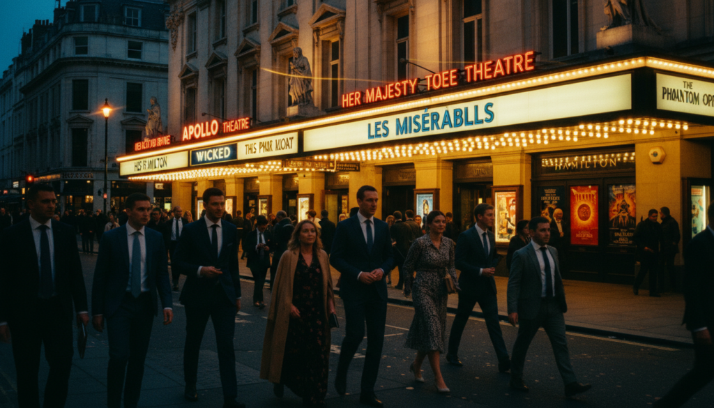 A lively scene capturing the essence of London's West End theatre district at dusk. In the foreground, a bustling street filled with excited theatre-goers dressed in elegant business attire and smart casual clothing, chatting animatedly as they approach iconic theatres. The middle ground features illuminated marquee signs of popular shows and vibrant poster displays, showcasing various performances with captivating colors. The background reveals the classic architecture of historic theatres bathed in warm, cinematic lighting, enhancing the inviting atmosphere. A slight lens flare from street lamps adds to the enchanting mood. The image is highly detailed, with textures reflecting the excitement of cultural entertainment in London, rendered in 8k resolution for a striking visual impact.