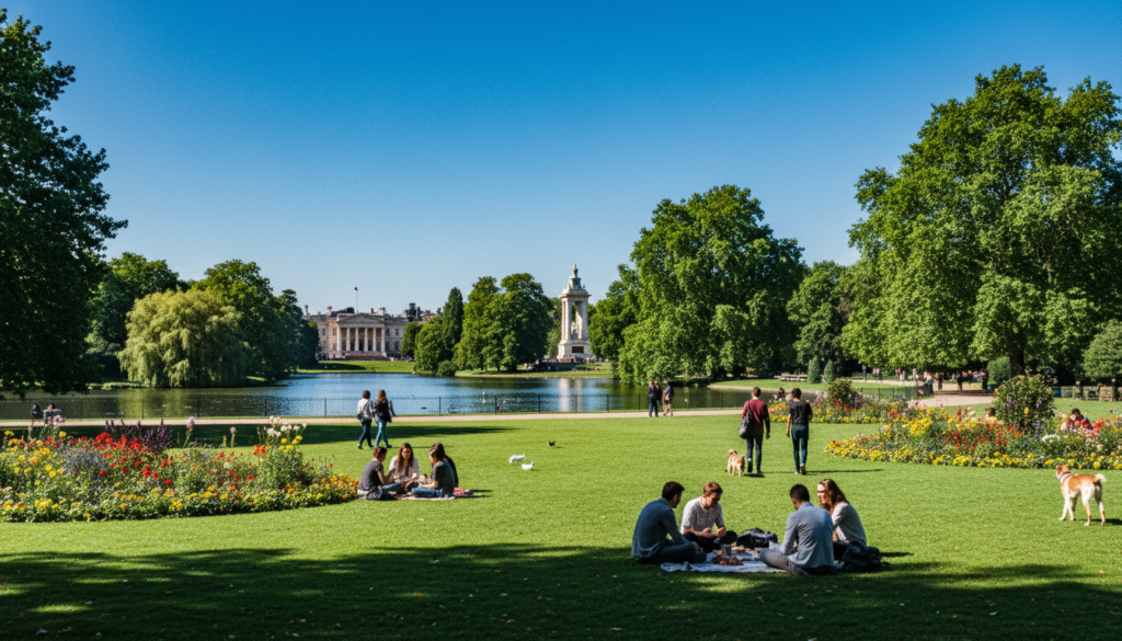 A panoramic view of one of London's iconic Royal Parks, showcasing lush, manicured lawns and vibrant flowerbeds in full bloom. In the foreground, people dressed in modest casual clothing are enjoying leisurely activities, such as picnicking and walking dogs. The middle ground features a serene lake reflecting the surrounding greenery, with ducks gliding across the water. Towering trees provide dappled sunlight, creating an inviting atmosphere. In the background, historic park buildings or statues subtly integrate into the landscape, framed by a clear blue sky. The image is captured in raw photograph style with cinematic lighting, emphasizing highly detailed textures and vivid colors, in stunning 8k resolution.