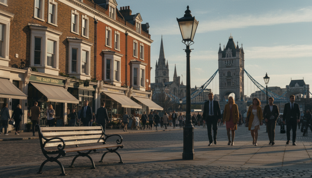 A picturesque view of London's historic neighbourhoods, showcasing charming cobblestone streets lined with Victorian-era townhouses and quaint shops. In the foreground, a beautifully preserved gas lamp stands beside a park bench, inviting passersby to sit and enjoy the scenery. The middle ground features a bustling street with pedestrians in professional business attire and modest casual clothing, capturing the vibrancy of daily life. In the background, iconic landmarks like the Tower Bridge and older cathedral spires rise against a soft blue sky. The scene is bathed in warm, golden hour lighting, enhancing the rich textures of brick and stone. The image should evoke a sense of nostalgia and the timeless allure of London’s historic districts, presented in stunning 8k resolution with cinematic depth.