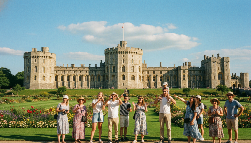 A picturesque view of Windsor Castle during a sunny day, with tourists strolling in the foreground. Capture the castle's majestic towers and intricate architecture, surrounded by lush green gardens and blooming flowers. In the mid-ground, a group of diverse tourists, dressed in modest casual clothing, are taking photos and enjoying the scenery, their expressions filled with wonder and excitement. The background features a bright blue sky dotted with fluffy white clouds, enhancing the cheerful atmosphere. The scene should be bathed in warm, cinematic lighting, emphasizing the textures of the castle walls and the vibrant colors of the flora. The composition should evoke a sense of joy and adventure, ideal for illustrating a delightful day trip from London. 8k resolution for high detail and clarity.