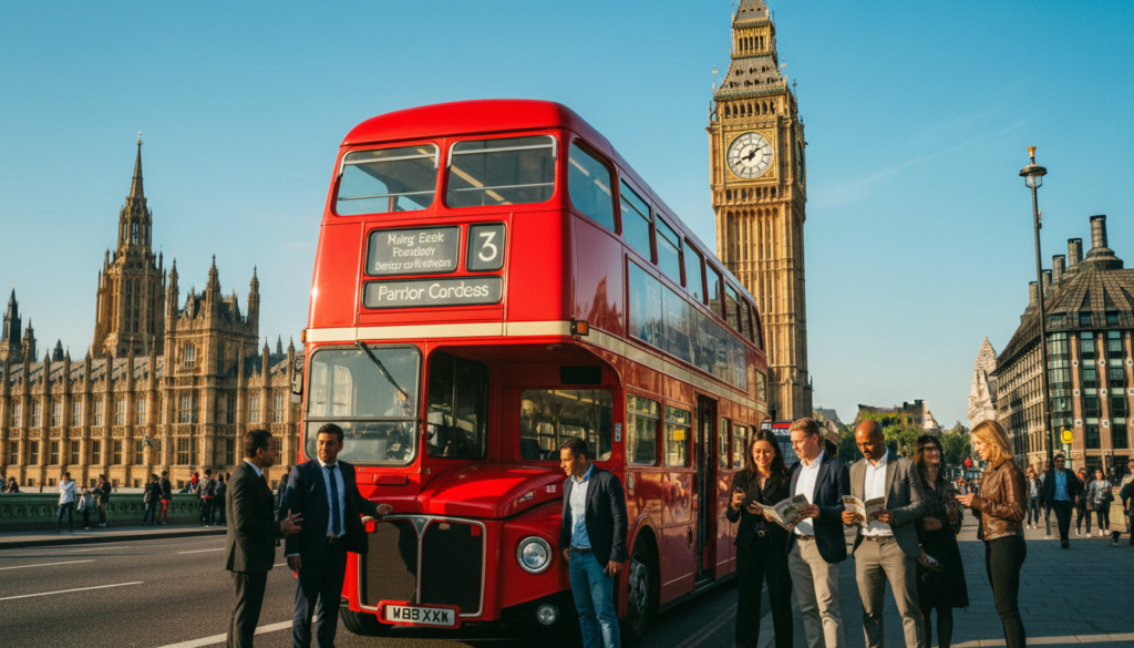 A scenic view of a bright red London double-decker bus parked by a famous landmark, such as Big Ben, with tourists boarding excitedly. The foreground captures the bus with polished paint and detailed textures, showcasing cheerful passengers in professional attire and modest casual clothing. In the middle ground, a diverse group of people is looking at brochures and discussing booking options, suggesting tips for getting the best deals. The background features iconic London architecture under a clear blue sky, with warm, inviting sunlight casting soft shadows that create a lively atmosphere. The scene is captured in a raw photograph style, with cinematic lighting and high detail in 8k resolution.